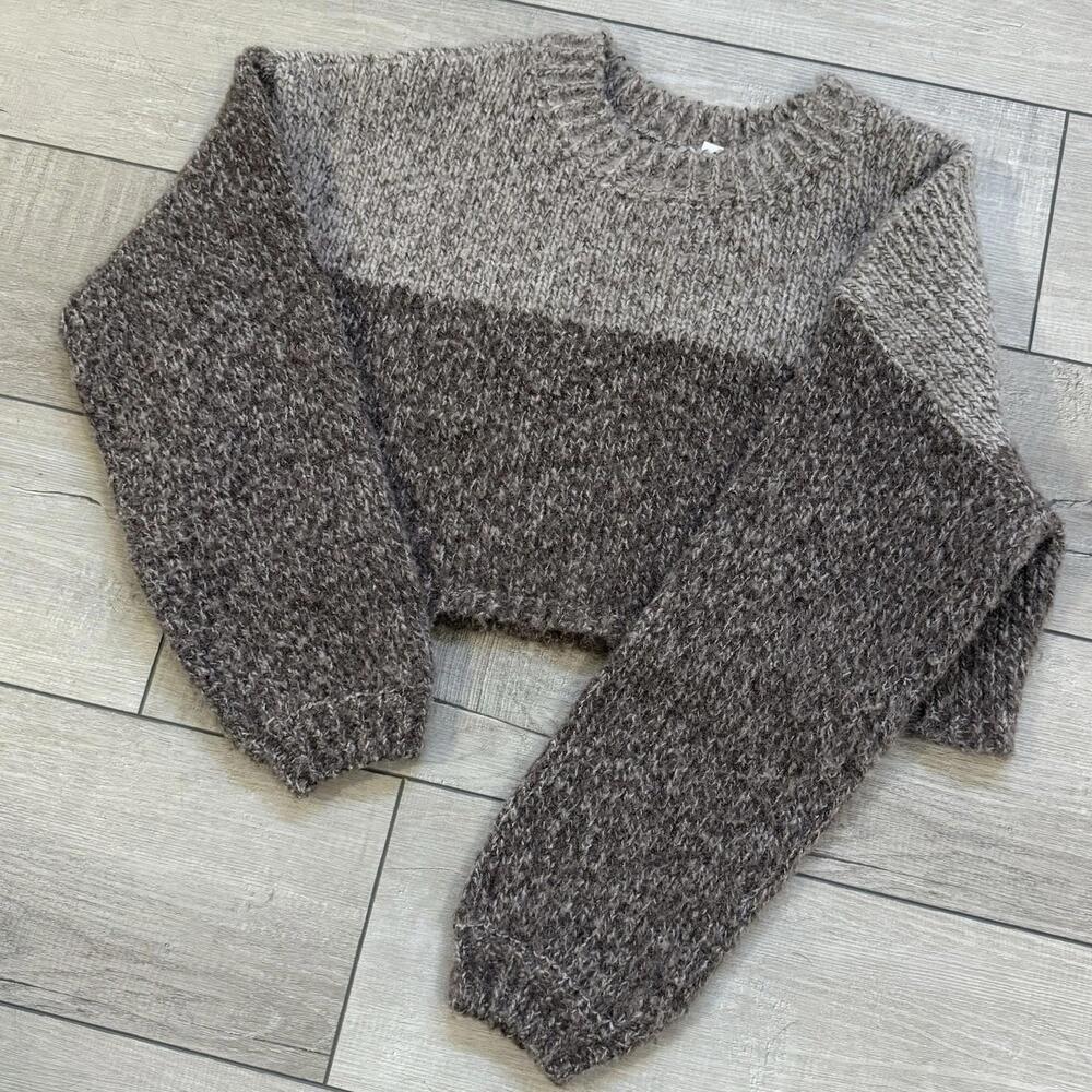 Garage Two-Tone Knit Sweater Women’s P/S Brown Gray Cropped Cozy Y2K Soft Relax
